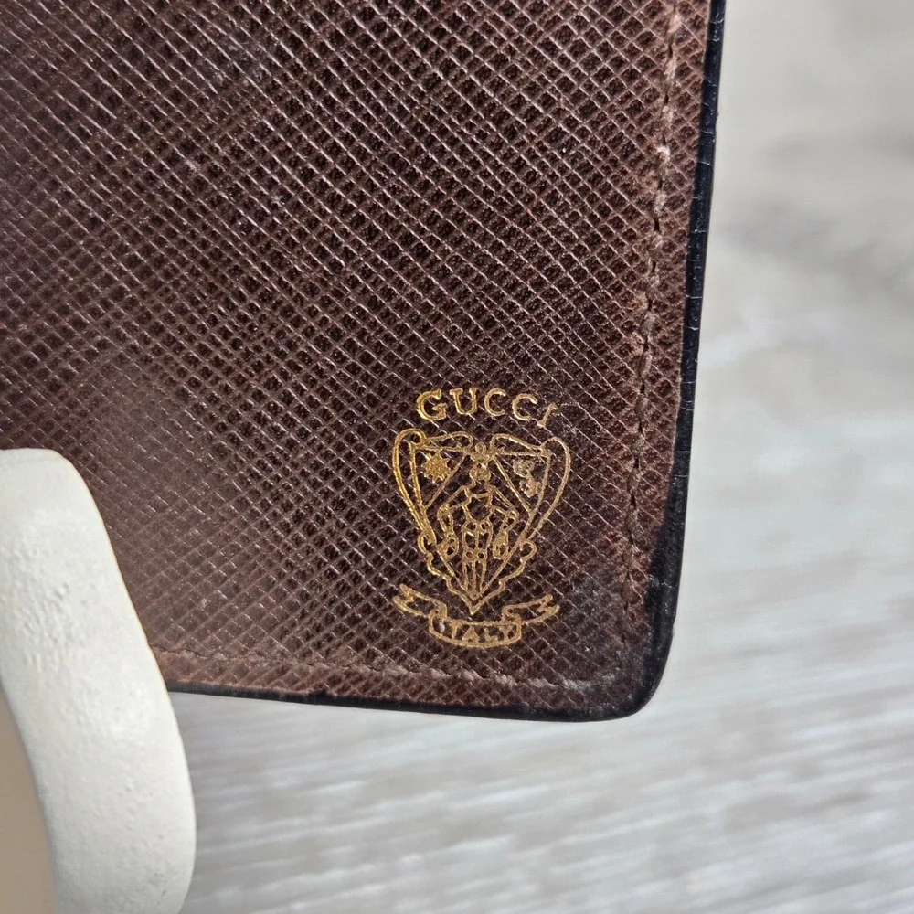Vtg Gucci Men's Saffiano Leather Folding Card Holder Wallet Brown Gold Corner